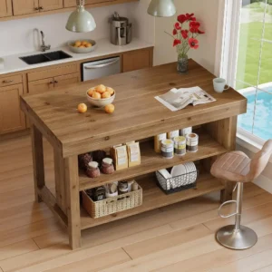 55" Solid Wood Kitchen Island Storage