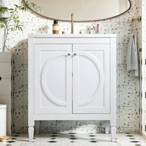 30" No Assembly Needed Vintage White Bathroom Vanity with Ceramic Sink