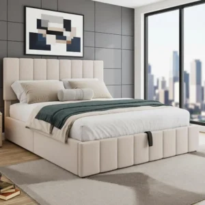 Queen Size Beige Upholstered Bed with Hydraulic Storage