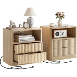 Oak 2-Piece Nightstand Set with Charging Station